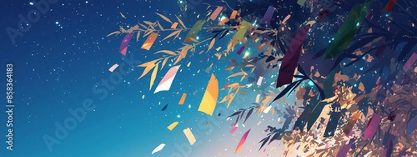 Obraz Tranquil Tanabata Night - Heavenly Bamboo Leaves with Starry Sky Illustration - 静かな七夕の夜 - 天の笹の葉と星空のイラスト
