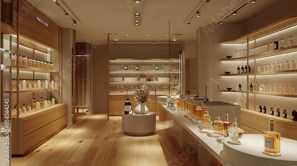 Fototapeta high-end perfume shop with a sensory testing area, minimalist displays of fragrance bottles, and a private consultation room