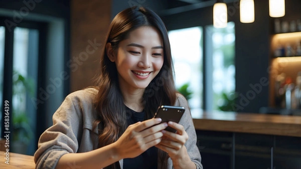 Fototapeta Smiling young asian woman using mobile phone and credit card for mobile banking, digital payment via mobile app.