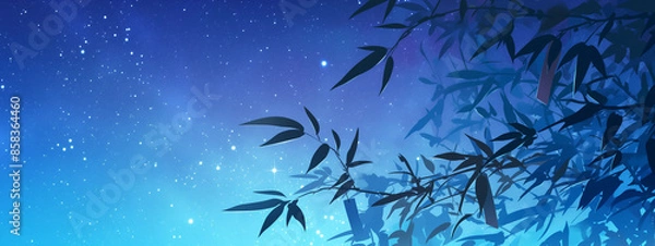 Obraz Serene Tanabata Bamboo Leaves under a Starry Sky Illustration - 星空の下の穏やかな七夕笹の葉 イラスト