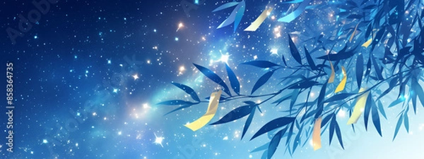 Obraz Heavenly Bamboo Leaves with Starry Sky Illustration - 天の笹の葉と星空のイラスト