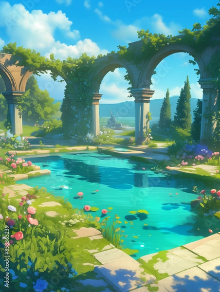 Obraz Serene Animated Landscape with a Sparkling Pool Reflecting Nature's Beauty - 自然の美しさを映す輝くプールを備えた穏やかなアニメーション風景