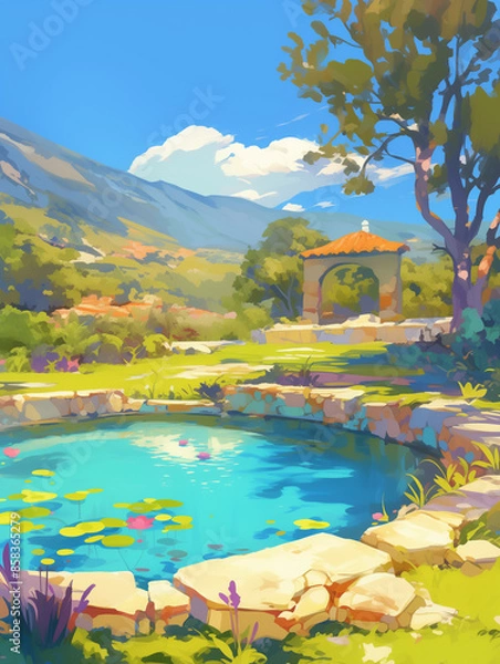 Obraz Dreamy Animated Landscape with Tranquil Pool Reflections in Nature Scene - 自然のシーンに静かなプールが映る夢のようなアニメーション風景