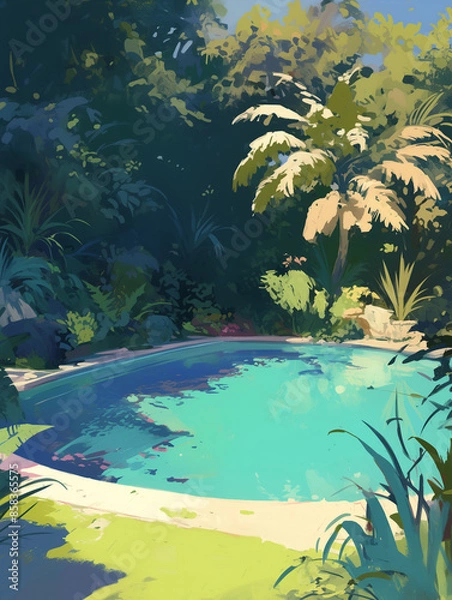Obraz Serene and Vibrant: Fantasy Landscape with Glowing Pool of Water - 穏やかで活気に満ちた: 輝く水のプールのあるファンタジーの風景