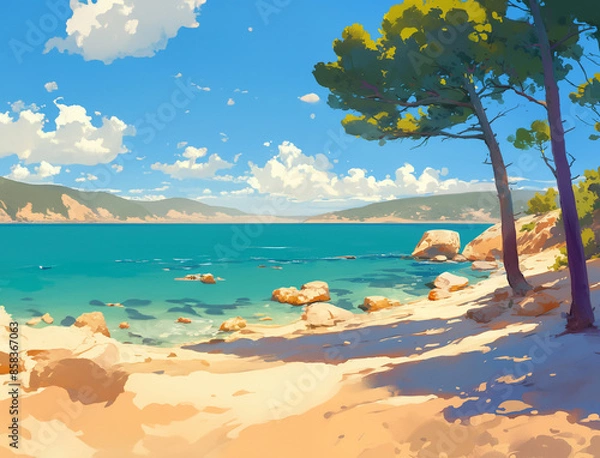 Obraz Sun-Kissed Beach with Glistening Sea View - 
輝く海の景色を望む太陽の光が降り注ぐビーチ