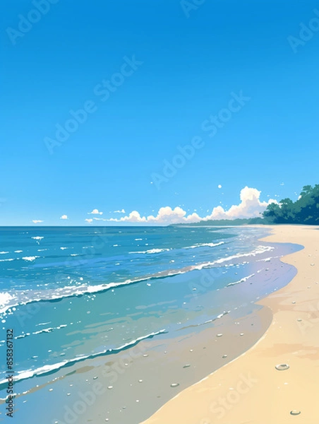 Obraz Serene Coastal Landscape with Sun, Sea, and Sandy Beach - 太陽、海、砂浜のある穏やかな海岸風景