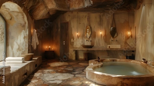 Fototapeta A luxurious and rustic cave bathroom with a soaking tub, elegant lighting, and natural textures invites relaxation and indulgence 