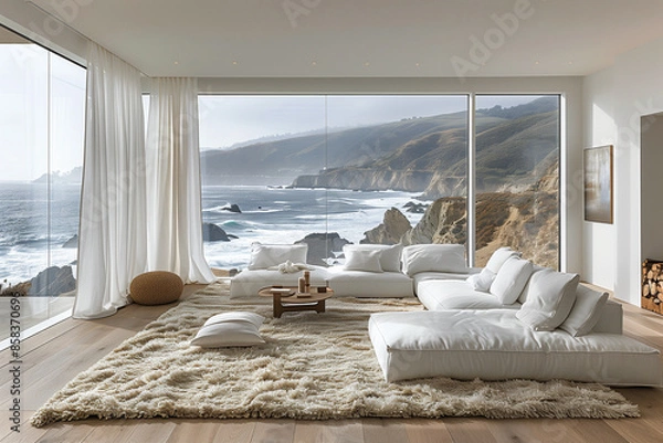 Fototapeta Beachfront villa in Malibu with minimalist design, featuring subtle sandstone textures, clean lines, and intricate details, showcasing the beauty of simplicity and clutter-free living.