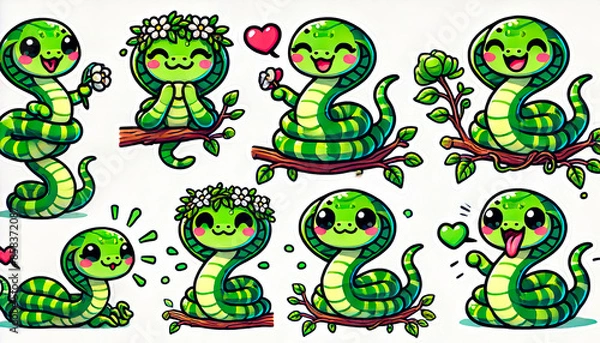 Fototapeta Cute cartoon snake stickers with various expressions and poses, perfect for children’s products, educational materials, merchandise, stationery, and playful designs.