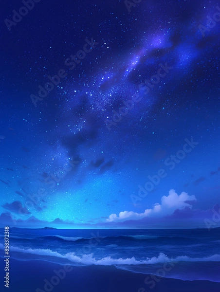 Obraz Serene Milky Way Over Coastal Waves - Peaceful night sky with stunning stars above turbulent ocean waves on the shore.- 海岸の波の上の穏やかな天の川 - 海岸の荒れ狂う海の波の上に見事な星がある平和な夜空。