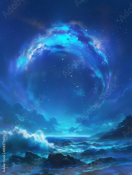 Obraz Serenity at the Seashore - Milky Way Galaxy with Waves Crashing on Coastal Rocks - 海岸の静けさ - 海岸の岩に波が打ち寄せる天の川銀河