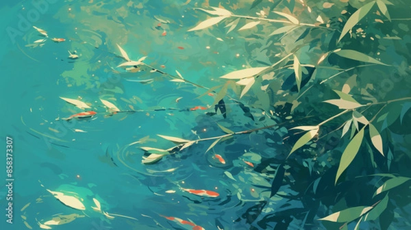 Obraz Serene Beauty of Bamboo Leaves Floating on Water Surface - 水面に浮かぶ笹の静謐な美しさ