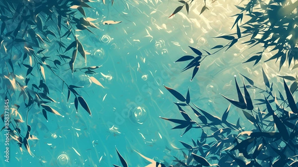 Obraz Serene Bamboo Leaves Floating on Water Surface, Zen Nature Background - 水面に浮かぶ穏やかな竹の葉、禅の自然の背景