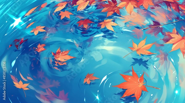 Obraz Serene Maple Leaves Floating in Crystal Clear Water - Zen Nature Scene with Autumn Foliage Making Ripples on Pond Surface - 
透き通った水に浮かぶ穏やかなカエデの葉 - 池の水面に波紋を作る紅葉