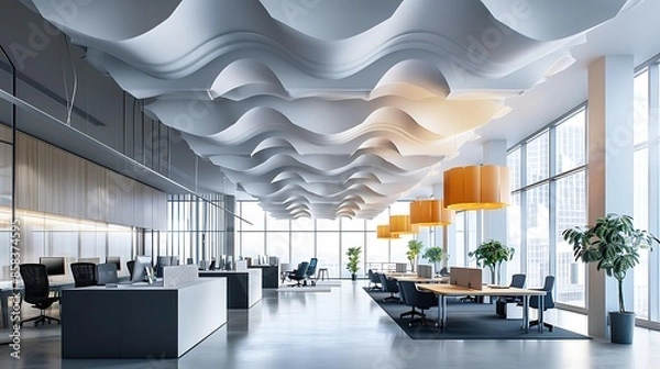 Fototapeta contemporary office space with a suspended ceiling design that mimics a cloud
