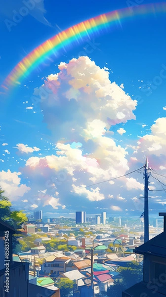 Obraz Vibrant Rainbow Arc in the Clear Blue Sky on a Sunny Day - 晴れた日の青空に映える鮮やかなレインボーアーク