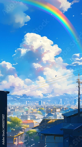 Obraz Vibrant Rainbow Arching Across the Clear Blue Sky - 澄んだ青空にアーチを描く鮮やかな虹