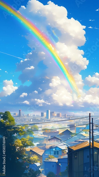 Obraz Vibrant Rainbow Arching Across a Clear Blue Sky - 澄んだ青い空にアーチを描く鮮やかな虹