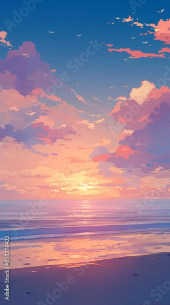 Obraz Serene Sunset over the Sea - A Peaceful Evening by the Water - 海に沈む穏やかな夕日 - 水辺の静かな夜