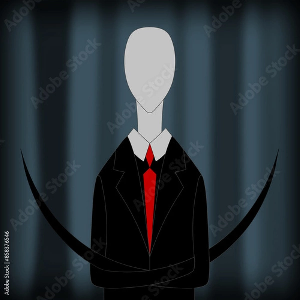 Obraz Slender man, internet meme, creepypasta. Evil tall creepy monster like unknown man with blank face in the forest. Long scary arms tentacles. Official suit on mannequin. Scary creature on Halloween