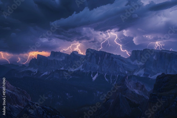 Fototapeta A stormy sky with lightning bolts and mountains in the background