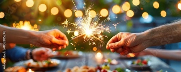 Fototapeta Hands holding sparklers at a festive outdoor dinner party with lights creating a warm, inviting atmosphere, 4th of July BBQ
