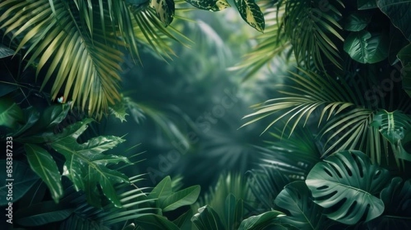 Fototapeta lush tropical jungle foliage frame with copy space exotic nature background photo