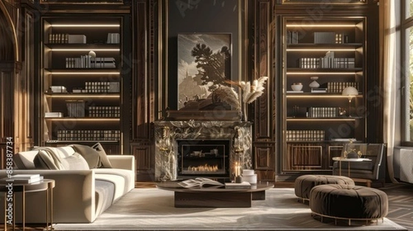 Fototapeta luxurious art deco living room with fireplace and bookcases elegant interior design 3d rendering