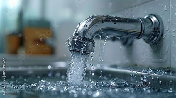 Fototapeta Leaking of water from stainless steel sink pipe on isolated on white background  