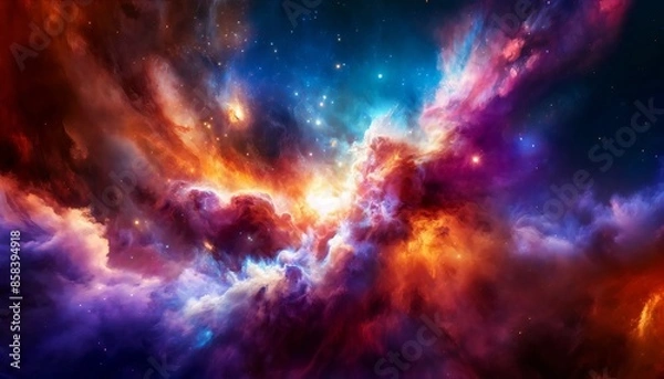 Fototapeta cosmic nebula with swirling clouds of gas and dust in hues of red, orange, purple, and blue. The scene is a breathtaking display of space phenomena, showcasing the beauty and mystery of the universe