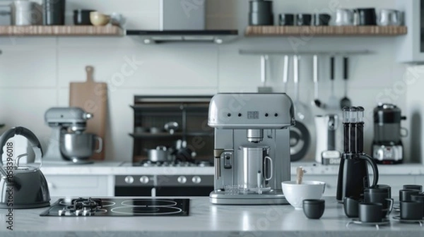 Fototapeta Coffee maker and tea kettle on a kitchen counter, perfect for a morning routine or entertaining guests