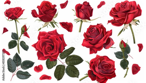 Obraz A collection of red roses with stems and petals scattered around by AI generated image