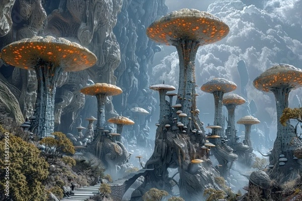 Fototapeta Fantasy Landscape with Glowing Mushrooms and Steps