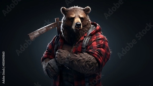 Fototapeta A bear dressed as a lumberjack with an axe and plaid shirt 