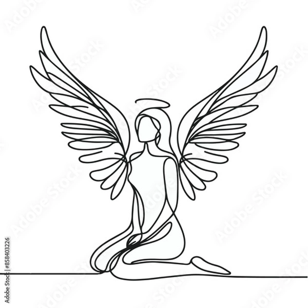 Fototapeta line art drawing of woman angel with wings, line art of an ange