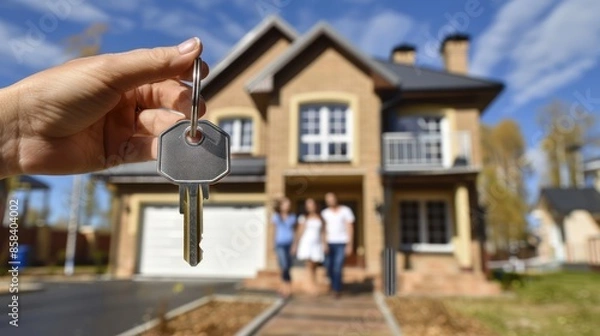 Fototapeta A close-up of a real estate agent's hand holding a key, with the couple and their new house in the distance 
