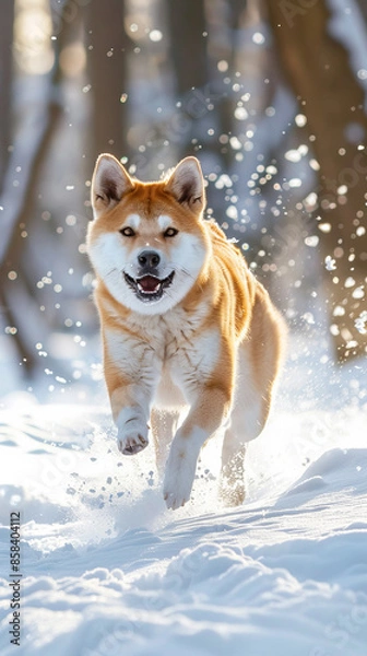 Fototapeta Akita dog is running through the snow with its tongue out
