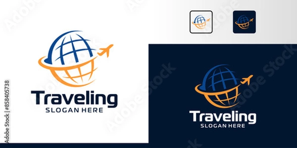 Fototapeta Travel Logo Design. Abstract globe with airplane logo design graphic symbol icon vector