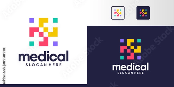 Fototapeta Medical Tech Logo Design. Cross logo with digital pixel colorful logo design graphic symbol icon vector