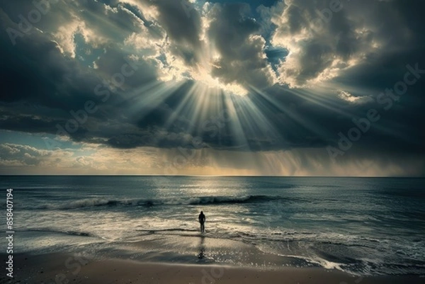 Fototapeta Sun Rays Breaking Through Storm Clouds Over The Sea