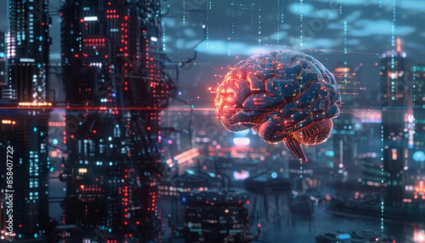 Fototapeta A brain is shown in a cityscape with a futuristic feel by AI generated image