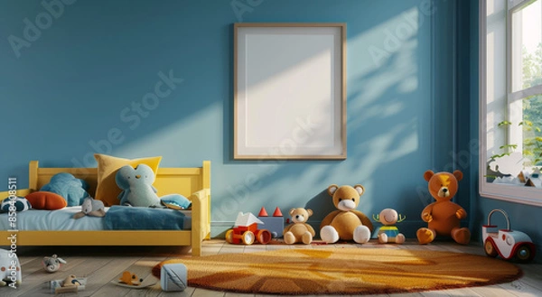 Fototapeta A room with a yellow bed and a white frame with a teddy bear on it by AI generated image