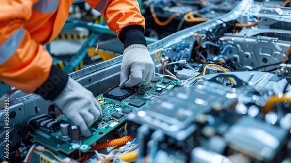 Fototapeta A man in an orange jacket is working on a car engine. Generate AI image