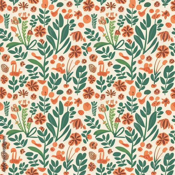 Obraz Seamless pattern with decorative flower meadow on a white background. Folk floral print, botanical background with painted wild flowers, leaves, herbs. Vector illustration.