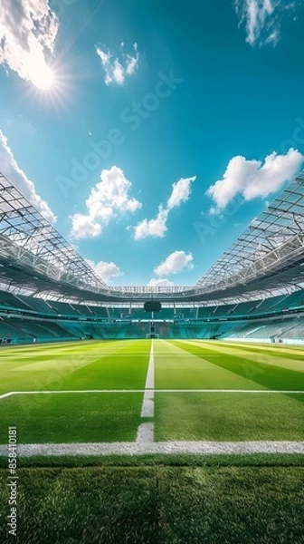 Obraz A soccer field with a bright green grass. Football stadium arena for professional match with spotlight