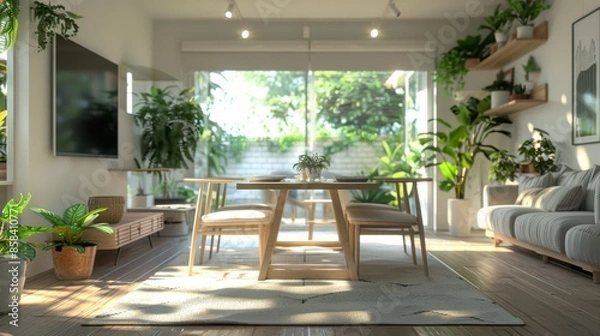 Fototapeta A living room with a wooden dining table and chairs, a couch, and potted plants