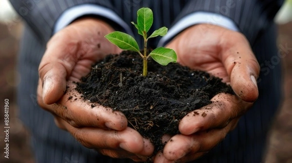 Fototapeta A man is holding a small plant in his hands. Generate AI image