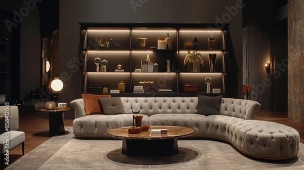 Fototapeta A living room with a large white couch and a coffee table