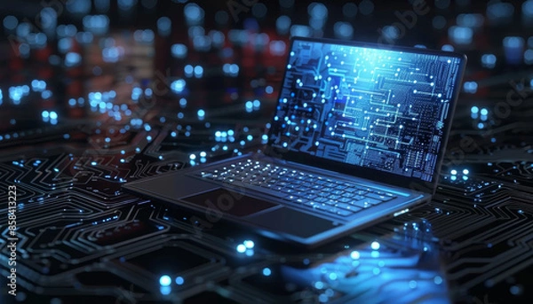 Fototapeta A laptop is displayed on a circuit board with a blue screen by AI generated image