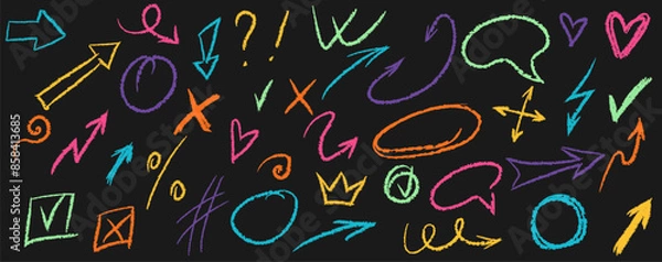 Obraz A set of arrows, frames and shapes, circles, speech bubbles drawn in crayon or charcoal. Colorful chalk graphic elements. Vector illustration.